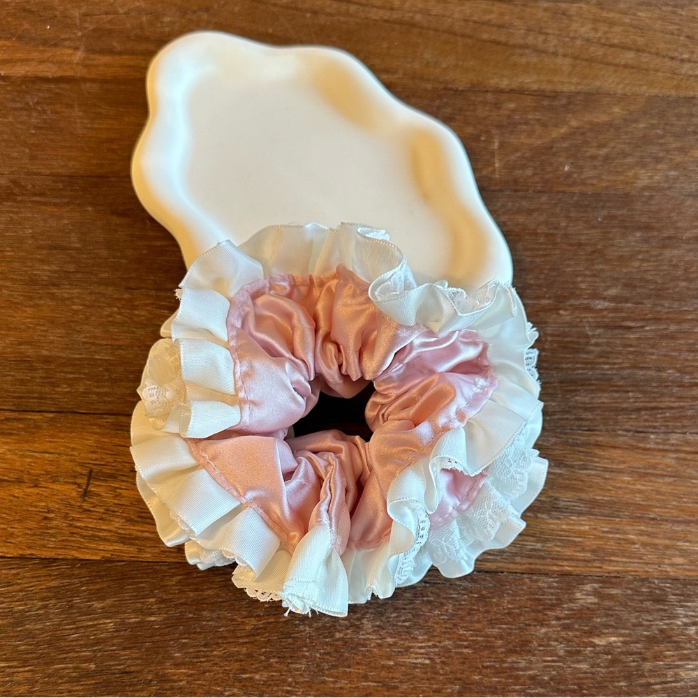 Pink Satin Lace Scrunchie Oversized Ruffle Hair Tie Coquette Balletcore Hair - Picture 2 of 4